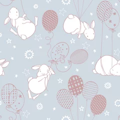 Fototapete Tiere mit Ballon Süße Kaninchen mit Luftballons am Sternenhimmel. Nahtloses Vektormuster. Cartoon-Tier-Hintergrund.
