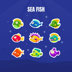 Cute Colorful Tropical Fishes Collection, Exotic Underwater Creatures Childish Stickers Vector Illustration