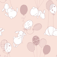 Cute rabbits on balloons. Seamless vector pattern on pink. Cartoon animal background .