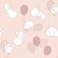 Wall murals Animals with balloon Cute rabbits on balloons. Seamless vector pattern on pink. Cartoon animal background .