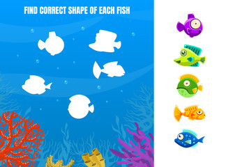 Find Correct Shape of Each Fish, Educational Game for Kids Vector Illustration