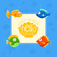 Hello Summer Banner Template, Enjoy Vacation Card, Poster, Flyer, Cute Colorful Tropical Fishes Holding Placard Vector Illustration