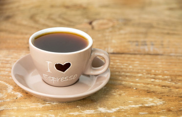 

Cup Coffee Old Wooden Table Close