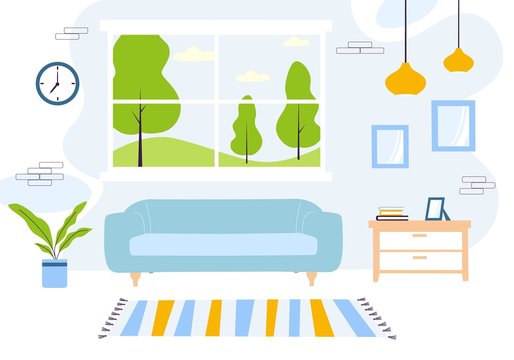 Concept living room with sofa, commode, clock, pictures in frame and plant decoration. Flat vector illustration.