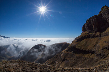 View from hiking trail in the Drakensberg South Africa on the Organ Pipes trail