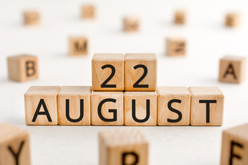 August 22 - from wooden blocks with letters, important date concept, white background random letters around