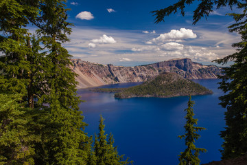 View of Crater Lake and Wizard Island at Crater Lake National Park - America's deepest lake - in Oregon