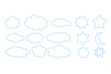 Set of different clouds, moon, sun and stars outline