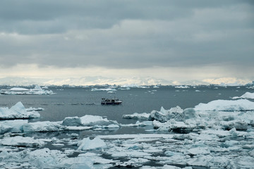 Fototapeta premium Blue fishing boat surrounded by seagulls sailing in iceberg filled water