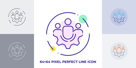 Group of people on gear line art vector icon. Outline symbol of teamwork. Cooperation pictogram made of thin stroke. Isolated on background.
