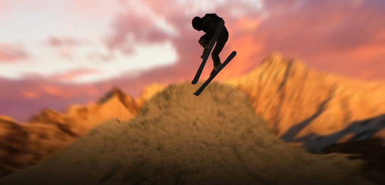 silhouette Snowboarder guy do flip on skateboard background sunset mountains.