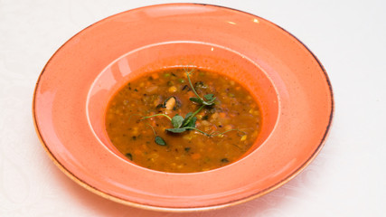 Traditional homemade kidney bean soup served as main dish, Russia.