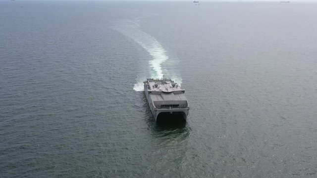 Aerial view landing craft, Aerial view landing ship navy military ship in the open sea, Amphibious ship transport.