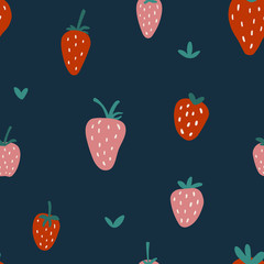 Strawberry seamless vector pattern. Summer hand drawn background. Trendy childish pattern with berries for nursery, prints, textile, wrapping paper, birthdays, invitations. Simple vector illustration