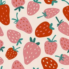Foto op Aluminium Strawberry vector background. Fruit print. Berry seamless pattern for fabric, prints, textile, wrapping paper, birthdays, invitations. Abstract summer background. Vegetarian healthy food illustration © simpleblues