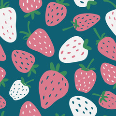 Strawberry seamless vector pattern. Summer hand drawn background. Trendy childish pattern with berries for nursery, prints, textile, wrapping paper, birthdays, invitations. Simple vector illustration