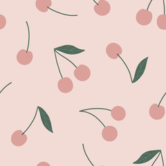 Cherry seamless vector pattern. Summer organic fruit background. Trendy childish pattern with berries for decoration design, poster, textile. Simple vector illustration with vegetarian healthy food
