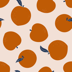 Peach vector seamless pattern. Trendy fruits background.  Summer pattern for decoration design, nursery, textile. Tropical backdrop. Vegetarian healthy food illustration