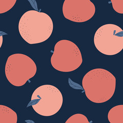 Peach vector seamless pattern. Trendy fruits background.  Summer pattern for decoration design, nursery, textile. Tropical backdrop. Vegetarian healthy food illustration
