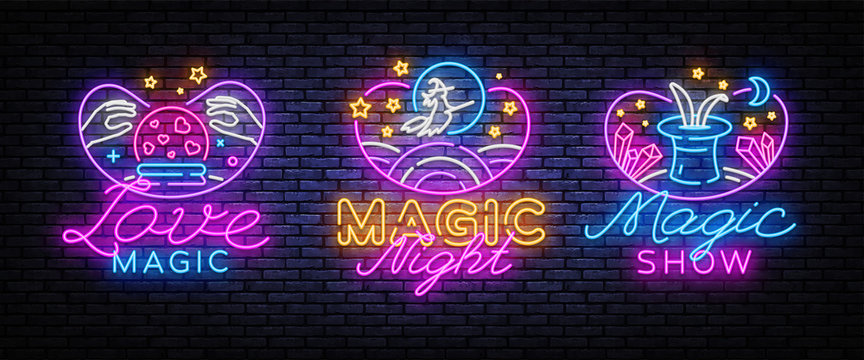 Magic neon signs set. Magic Show collection neon signs. Bright sign boards, light banner. Modern trend design, night light signboard, emblems, design template. Vector Illustration
