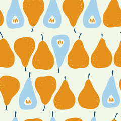 Trendy vector seamless pattern with pear. Organic fruit background. Vegetarian healthy food illustration. Tropical nature repeat background for textile and decoration design