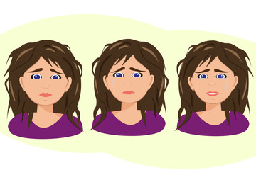 Cartoon character on white backdrop. Female Stress. Exhausted set portrait on white backdrop. Vector illustration. Depression concept of upset crying woman. Desperate girl feeling anxiety, loneliness.