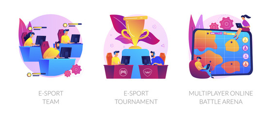 Online games, virtual reality, internet content. Players with joysticks. E-sport-team, e-sport-tournament, multiplayer online battle arena metaphors. Vector isolated concept metaphor illustrations.