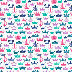 Retro seamless pattern of colors crowns on white background. Surface seamless print of royal.