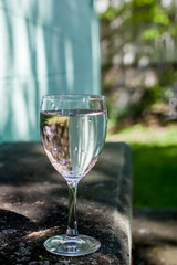 Glass with water outdoor with green colors