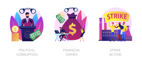 Dishonest government, money laundering, social demonstration icons set. Political corruption, financial crimes, strike action metaphors. Vector isolated concept metaphor illustrations