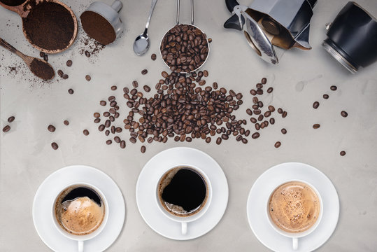 Background with assorted coffee, coffee beans, Cup of black coffee, Coffee maker equipment © last19