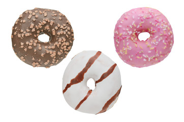 Three doughnuts differently decorated on a white background