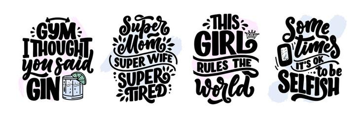 Set with funny hand drawn lettering compositions. Cool phrases for print and poster design. Inspirational feminism slogans. Girl power quotes. Greeting card template. Vector