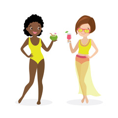 Two happy women in swimsuits. Cartoon beauty girls with cocktails in hands. African american and caucasian females talking.