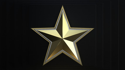 Gold star with chrome edges on black background. 3d render.