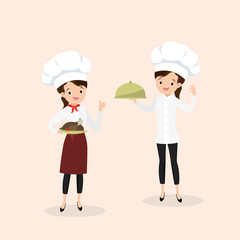 Cartoon women chefs with a specialty dish,female master chief-cooker in uniform