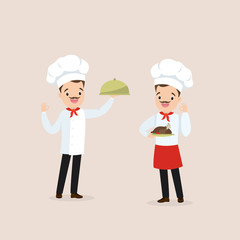 Cartoon caucasian men chefs with a specialty dish,male master chief-cooker in uniform,funny characters,