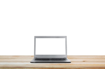 laptop computer blank white screen open front display on wood table isolated on white background with clipping path mockup black and grey color.