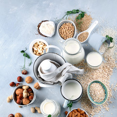 Various vegan plant based milk and ingredients.