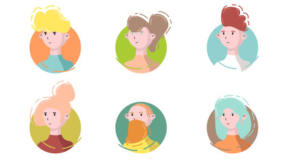 Avatar Icon Set Side View. Isolated Male and Female Portraits on a Circle Background in Modern Linear Flat Style. Social Media Template Userpic and Profiles. Vector EPS 10