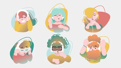 Set of Happy People Listening Music. Wireless Headphones. Isolated Male and Female Portraits in Modern Flat Style. Social Media Template Avatar, Userpic and Profiles. Vector EPS 10
