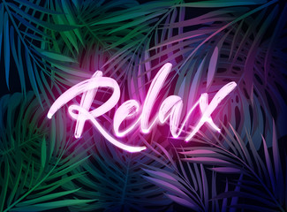Dark blue and violet neon tropical design with palm leaves and 3d lettering. Summer night vector illustration. - obrazy, fototapety, plakaty
