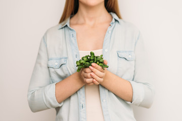 Girl hanging microgreen sprouts of sunflower. No face