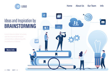 Ideas and inspiration by brainstorming landing page template. New ideas search, teamwork, big idea bulb.