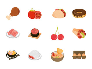 food menu restaurant snack ingredient flat style icons set