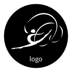 Monochromatic gymnastic logo, white girl holding tape in jump on black backgroud. Female with gymnastic tape.