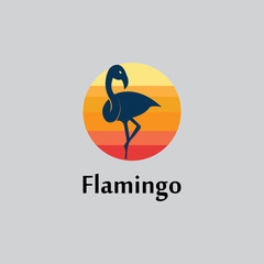  flamingo silhouette scene at sunset logo design vector