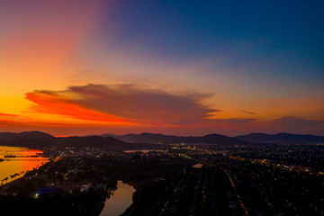 Fototapeta premium Aerial view of Sattahip city with twilight sky, Thailand