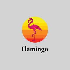 flamingo silhouette scene at sunset logo design vector