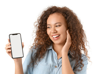 Fototapeta premium African-American woman with mobile phone on white background